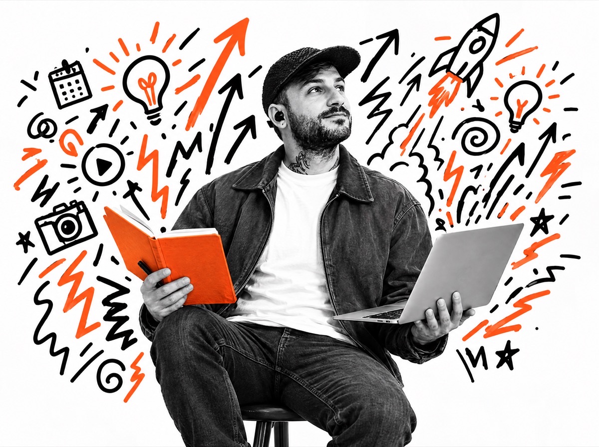 A solo founder on a stool with a notebook and laptop, surrounded by hand-drawn ideas