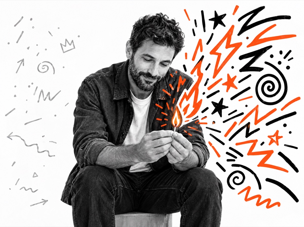 A man holding a lit match as hand-drawn sparks come back to life around him