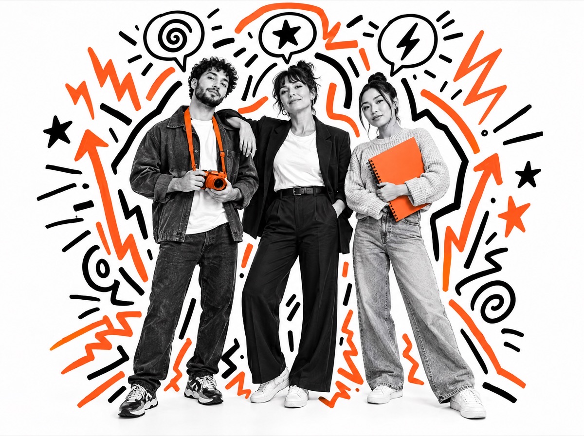 A business owner standing with two members of her creative team