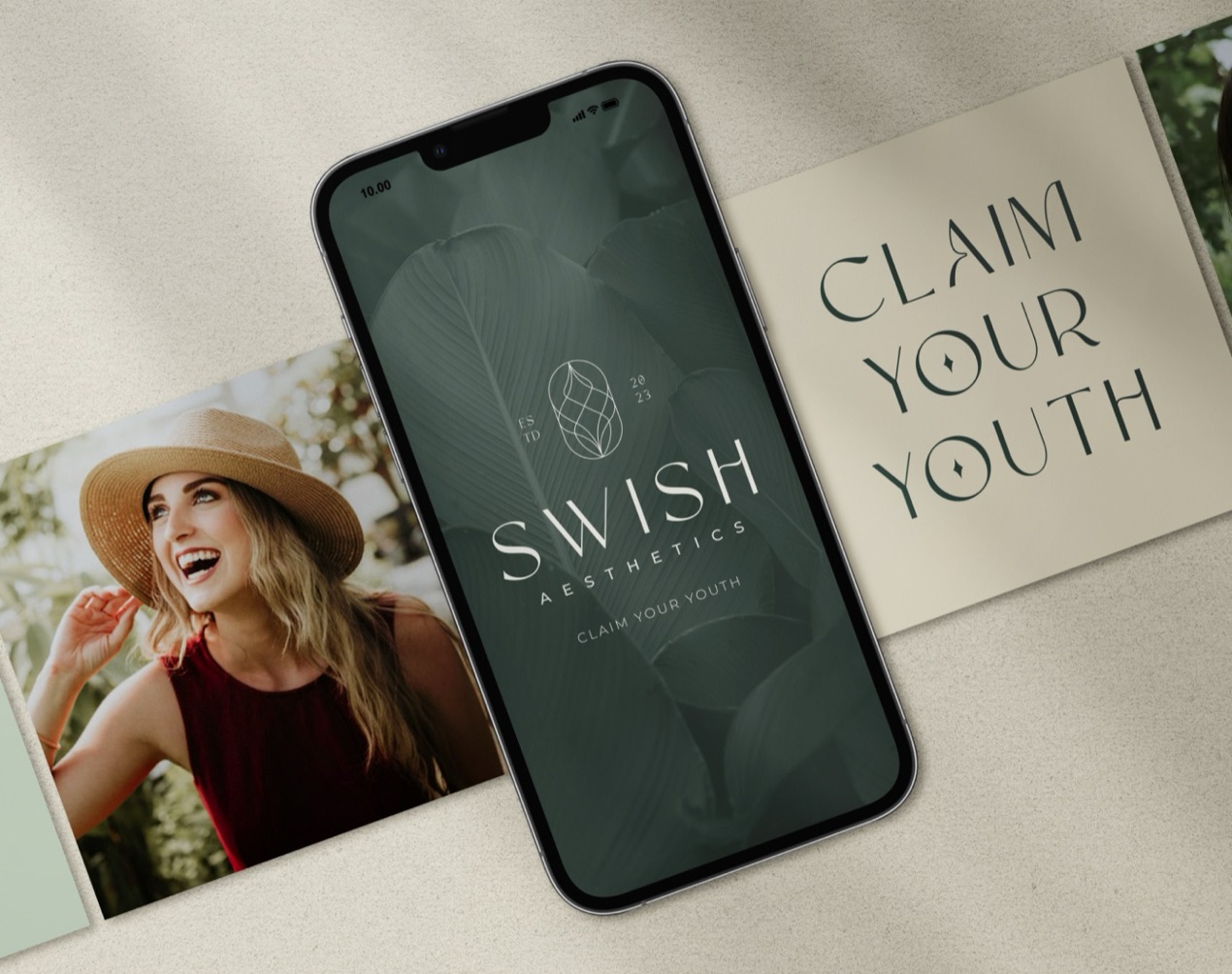 Swish Aesthetics brand on a phone screen beside social posts