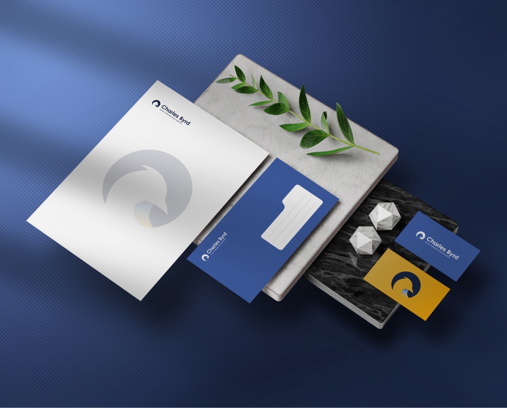 Charles Byrd stationery in blue, white and canary