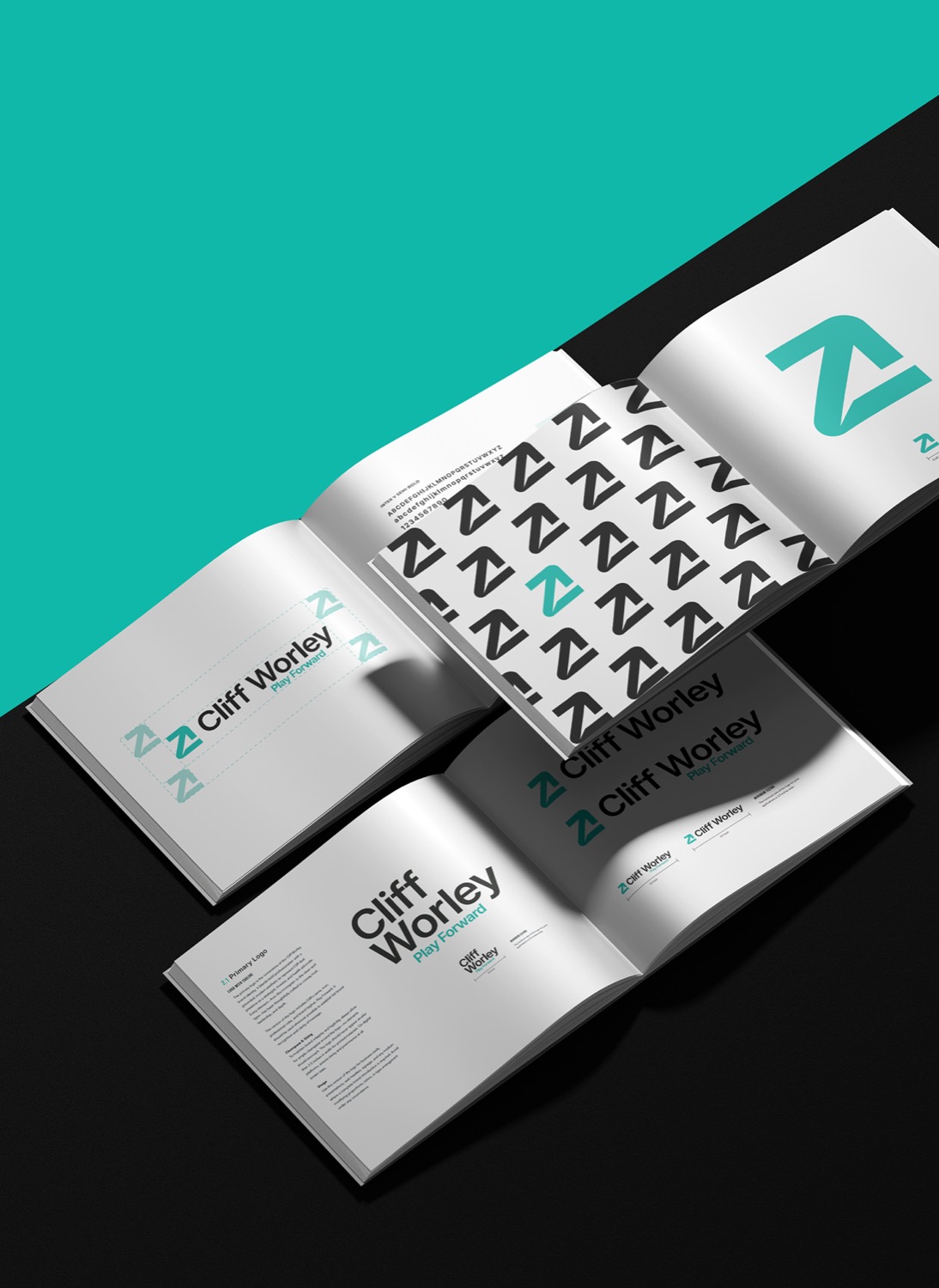 Cliff Worley brand guidelines books on teal and black