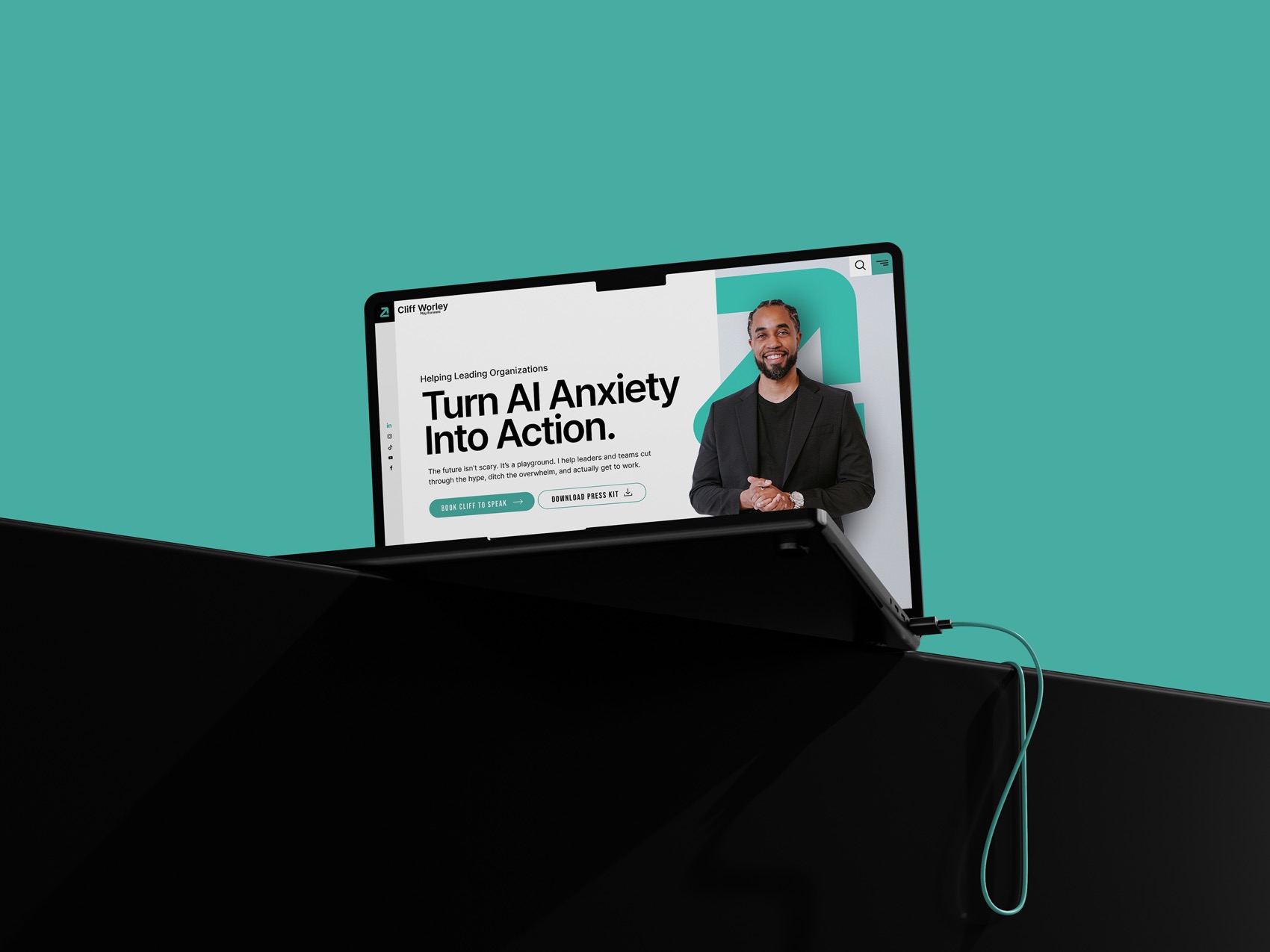 Cliff Worley website on a laptop with the headline Turn AI Anxiety Into Action