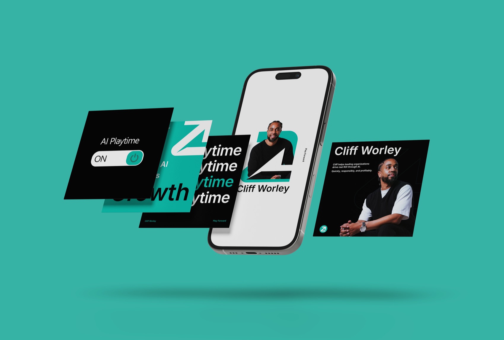 Cliff Worley social posts and a phone on a teal background
