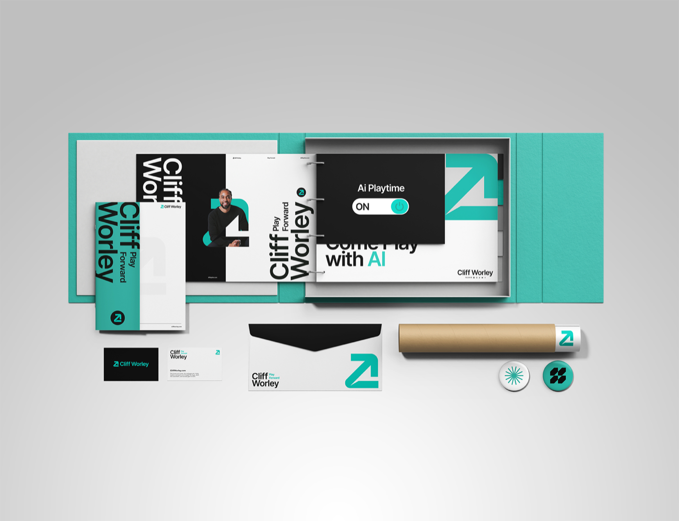 Cliff Worley stationery, cards and packaging in teal and black