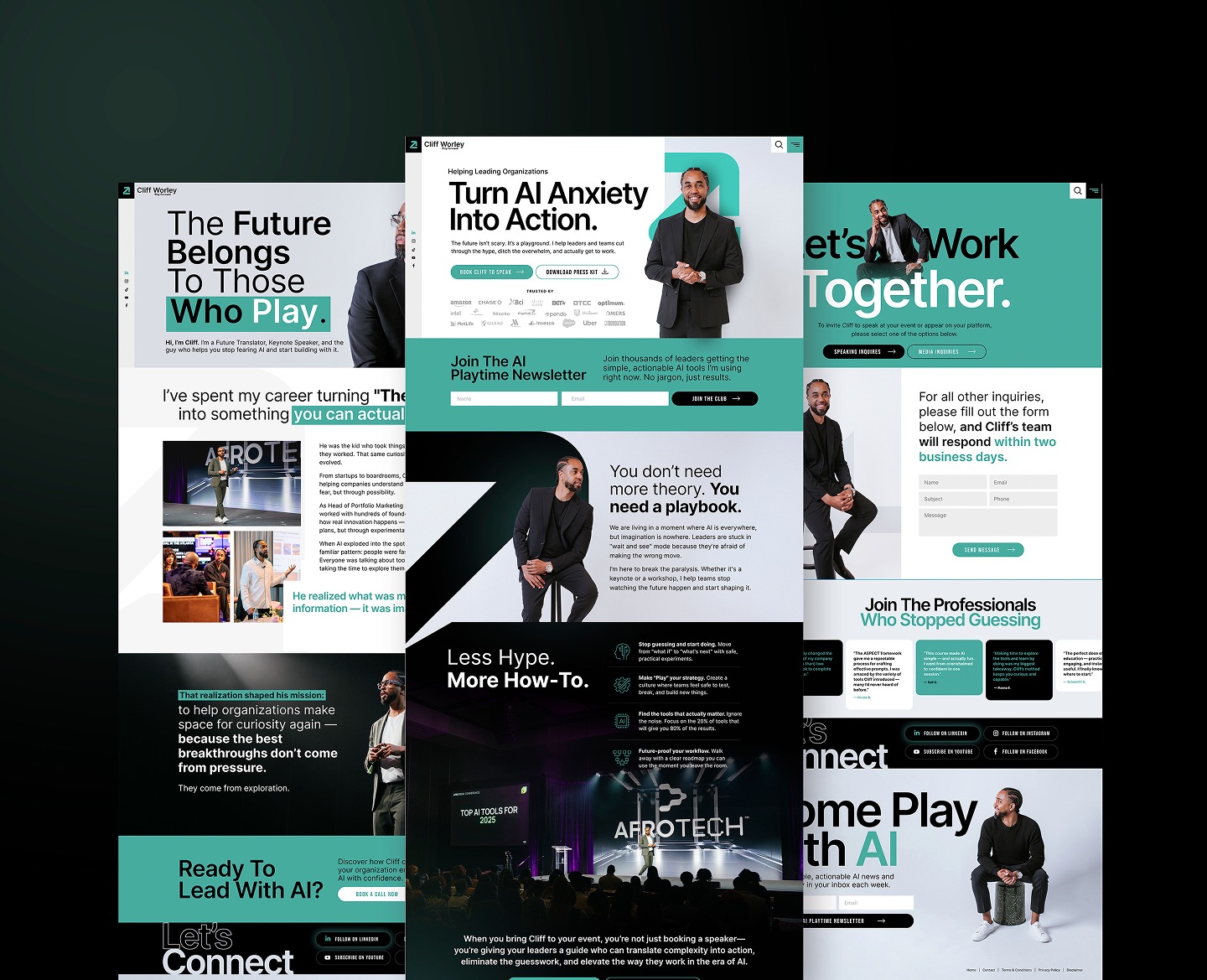 Cliff Worley website pages on a dark background