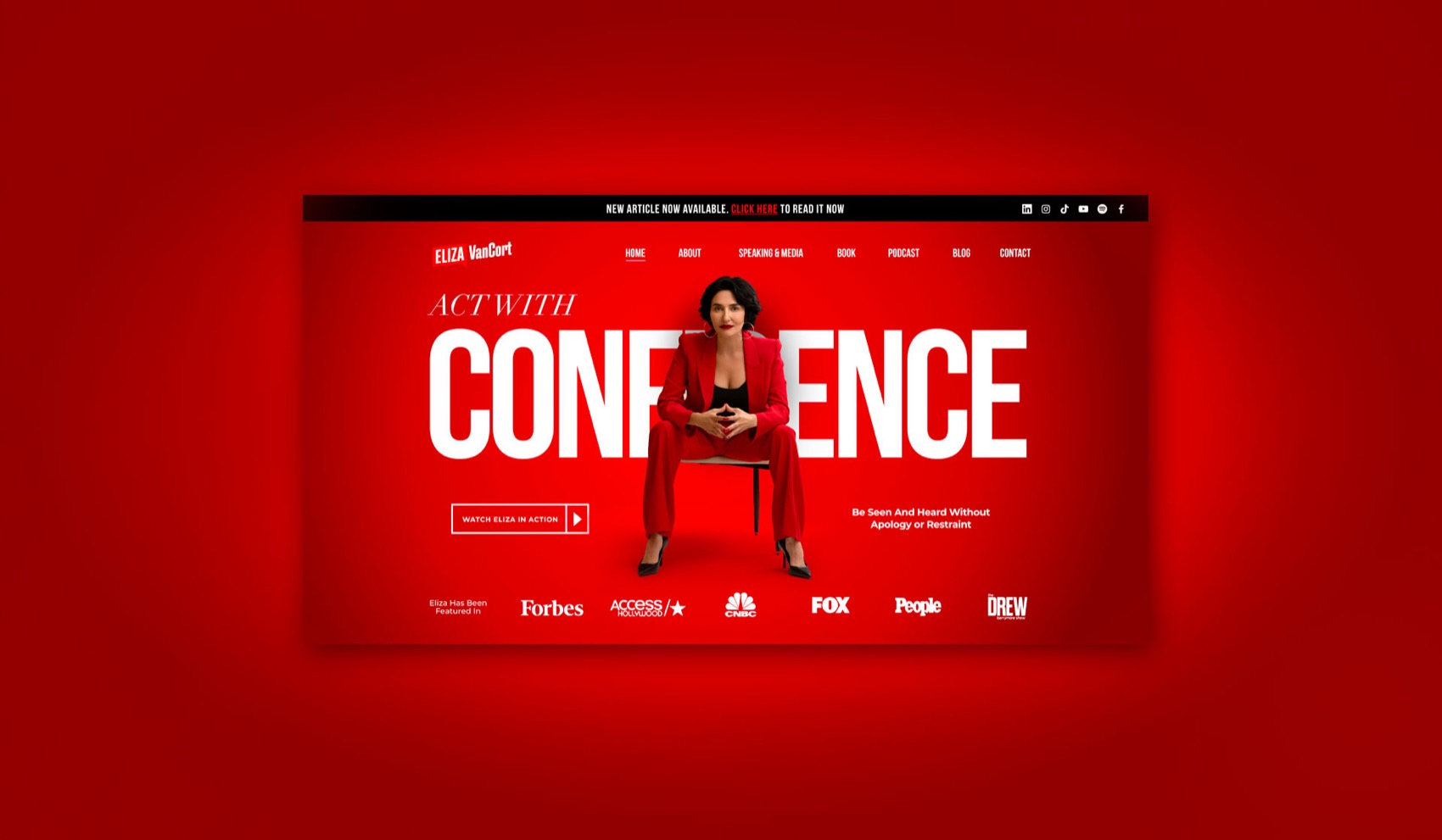 Eliza VanCort website with the headline Act With Confidence on red