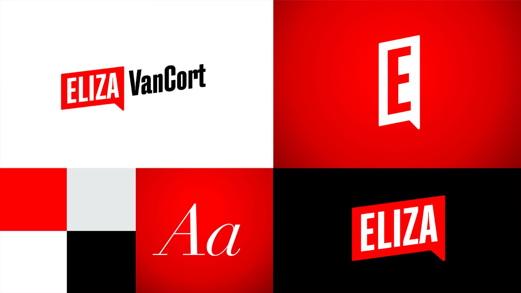 Eliza VanCort wordmark, E monogram, typeface and color blocks
