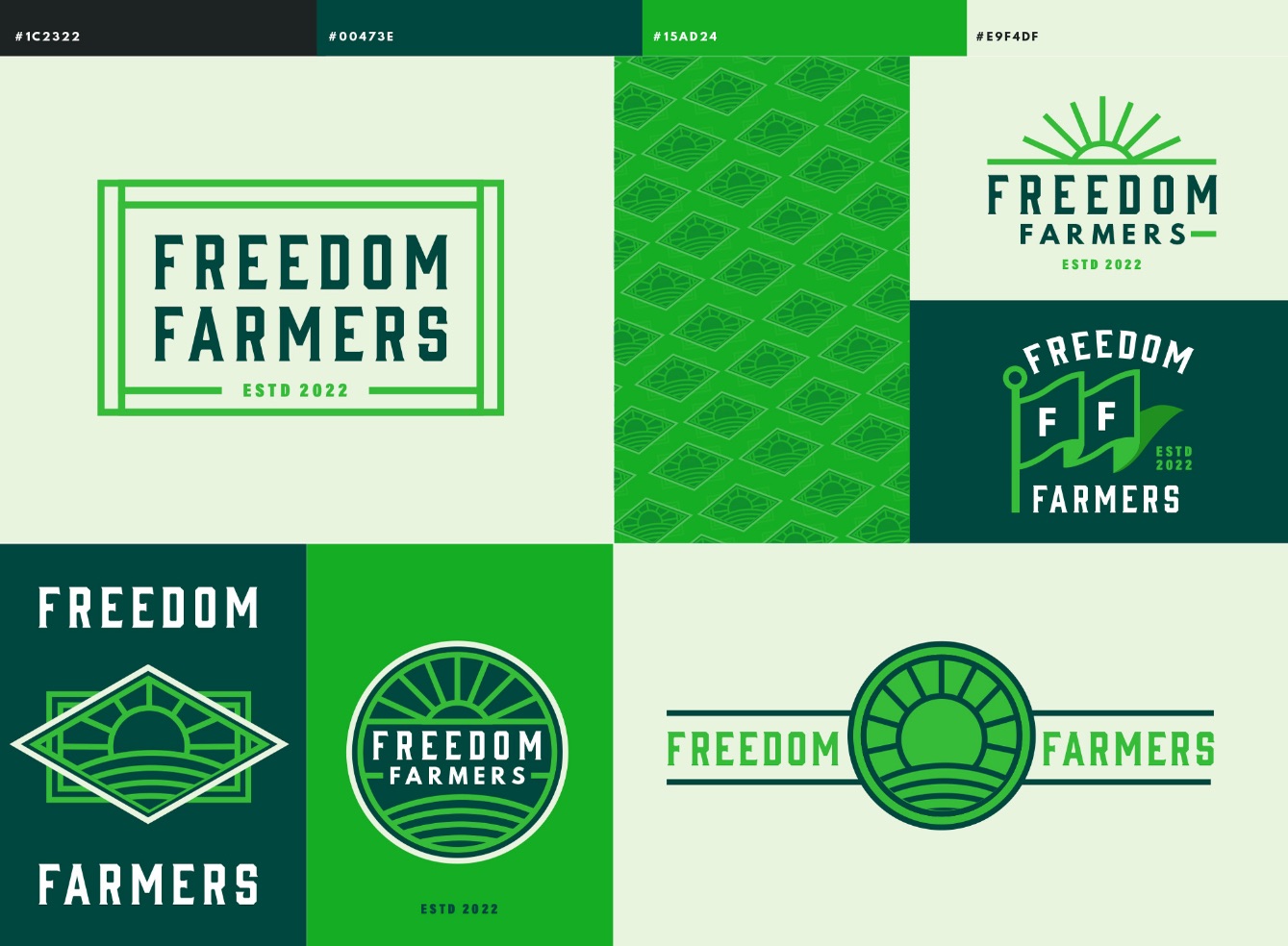 Freedom Farmers brand board with four colors, a repeating badge pattern and logo lockups
