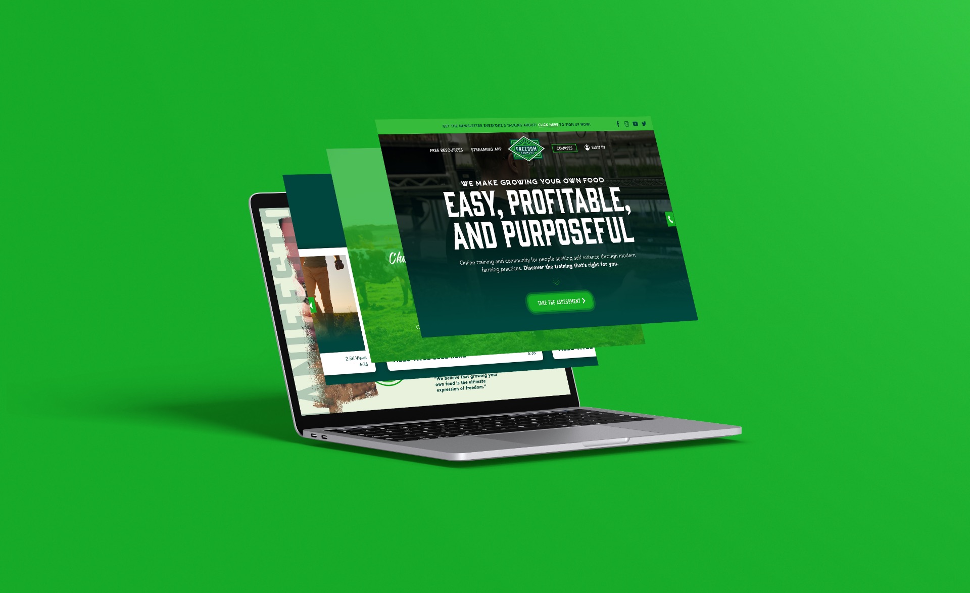 Freedom Farmers website on a laptop with the headline Easy, Profitable, and Purposeful