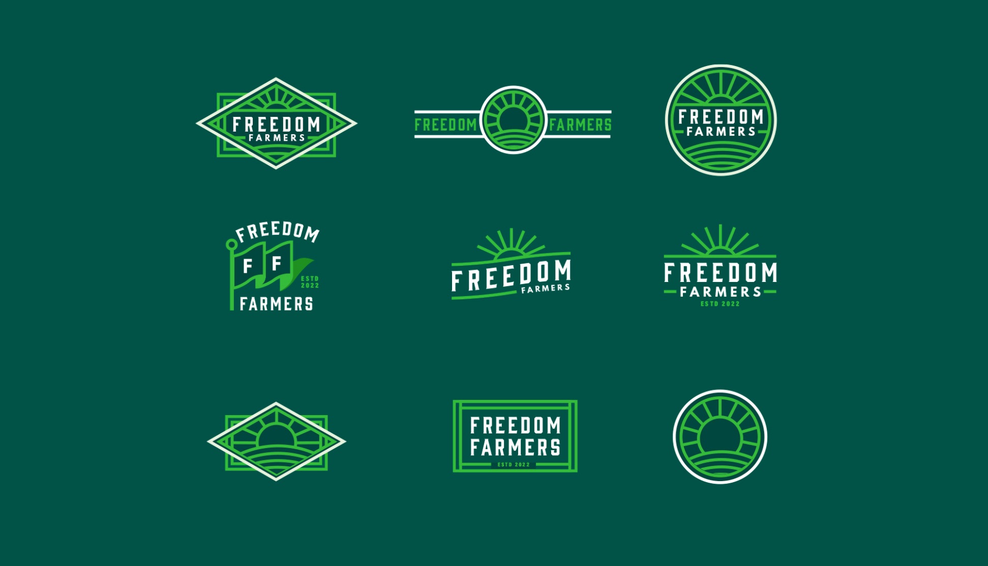 Nine Freedom Farmers logo lockups on dark green, from full badges to a standalone sun mark