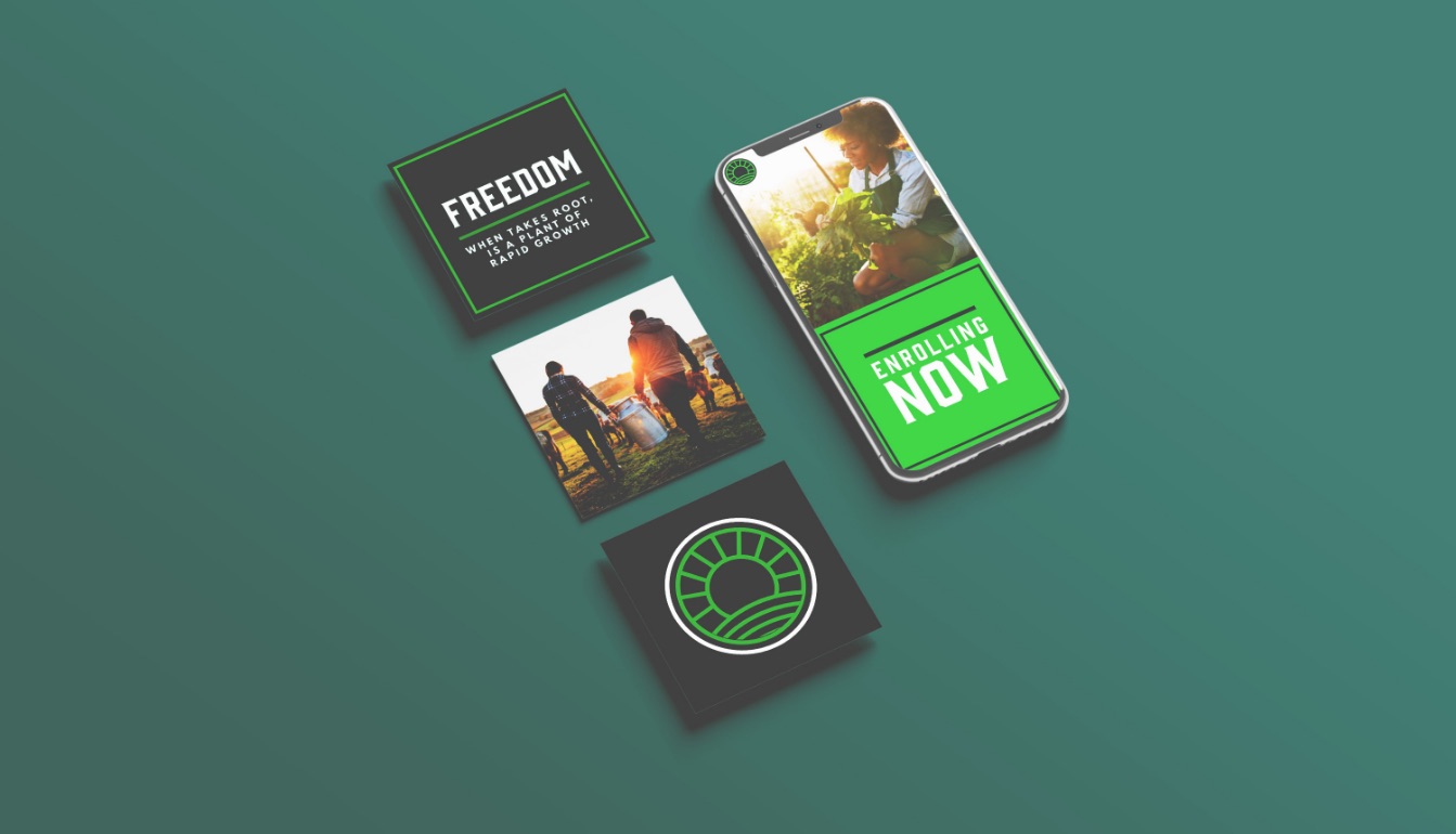 Freedom Farmers social posts and a phone showing an Enrolling Now story