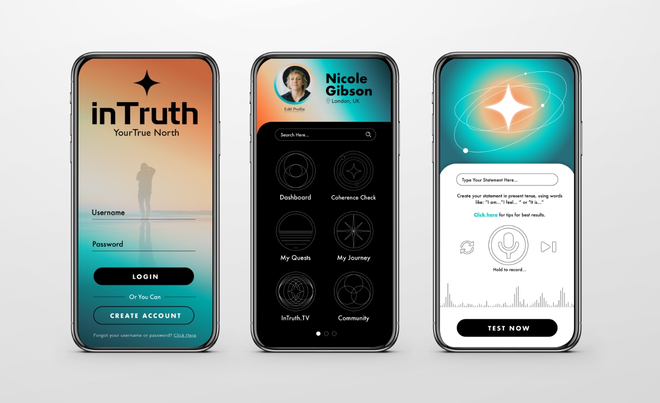 Three InTruth app screens: login, dashboard and the statement test