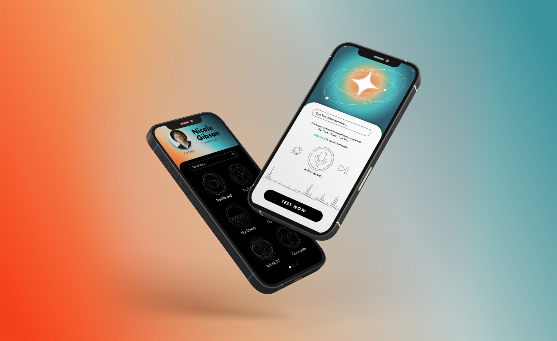 Two phones showing the InTruth app dashboard and test screen on an orange-to-teal gradient