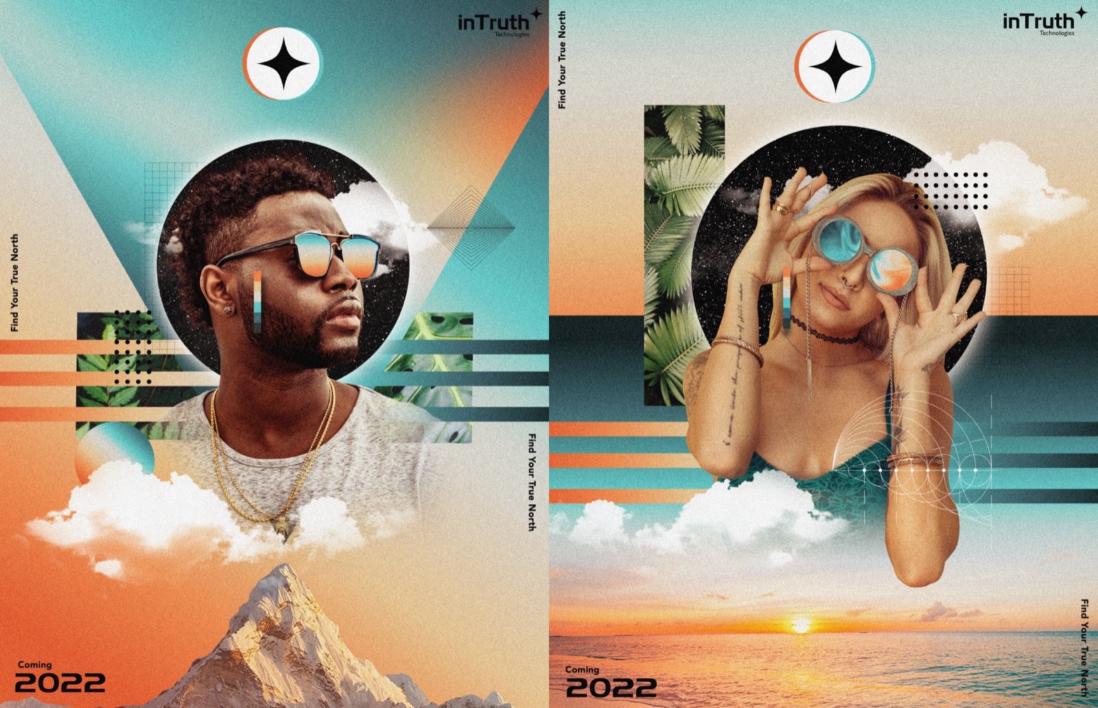 Two InTruth launch posters: collage portraits with mirrored sunglasses, the star mark and Find Your True North
