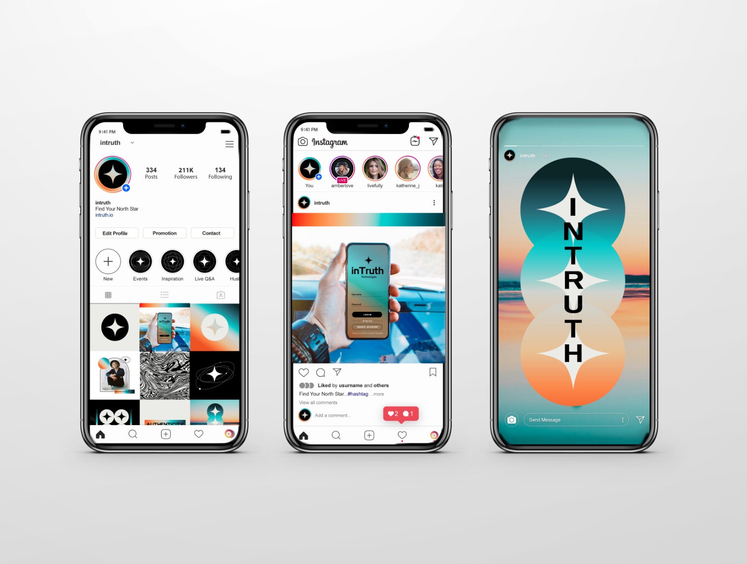Three phones showing the InTruth Instagram profile, a post and a story
