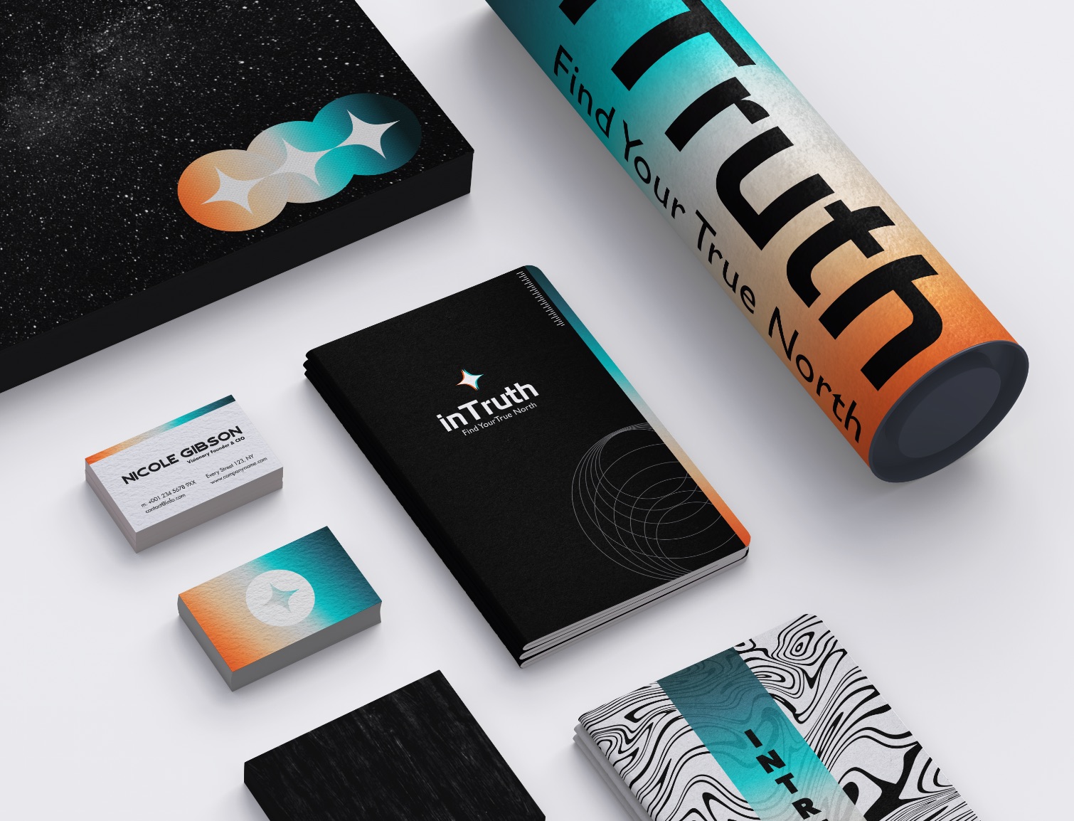 InTruth business cards, notebook and packaging tube with the gradient and star