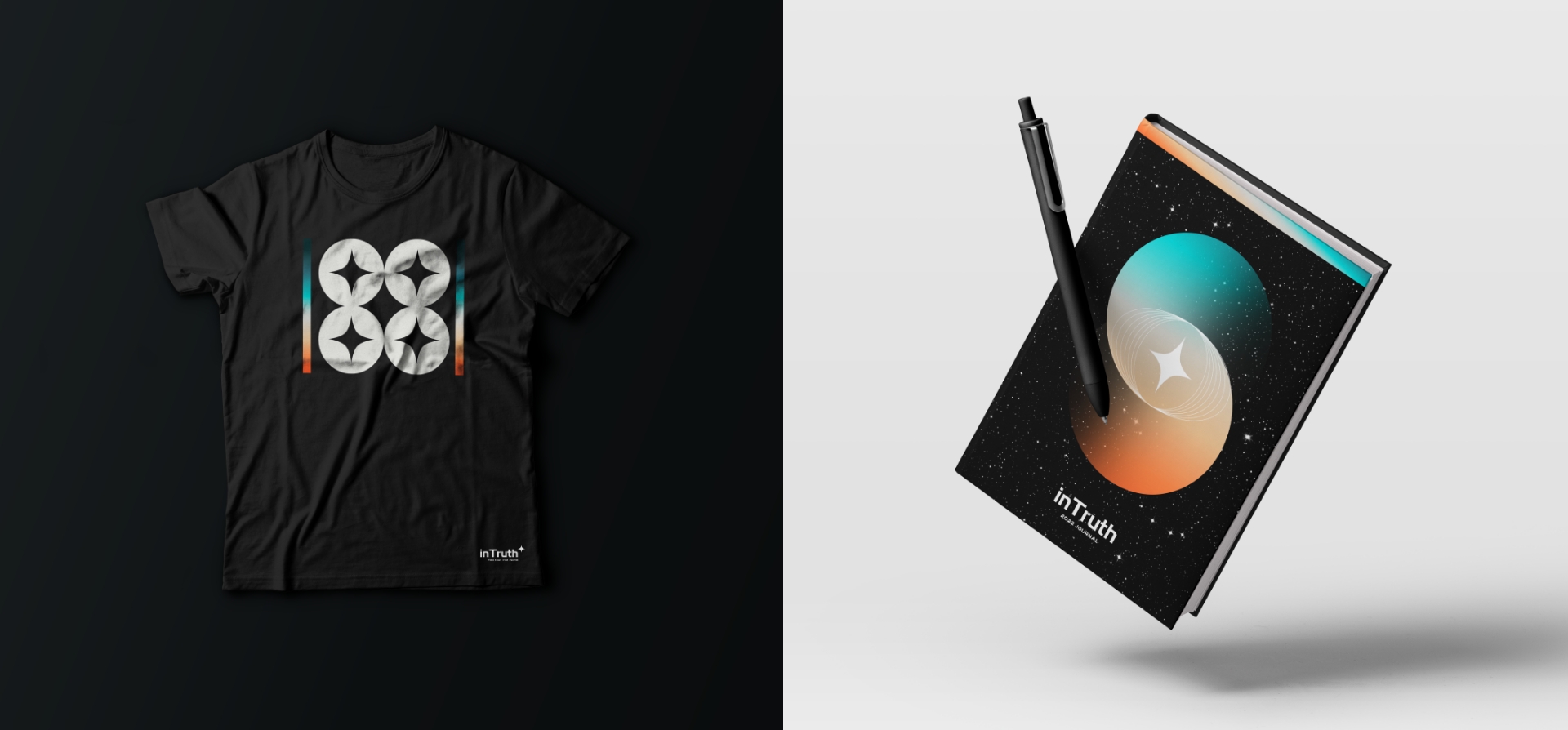 Black InTruth t-shirt with star graphics and a starfield journal with a pen