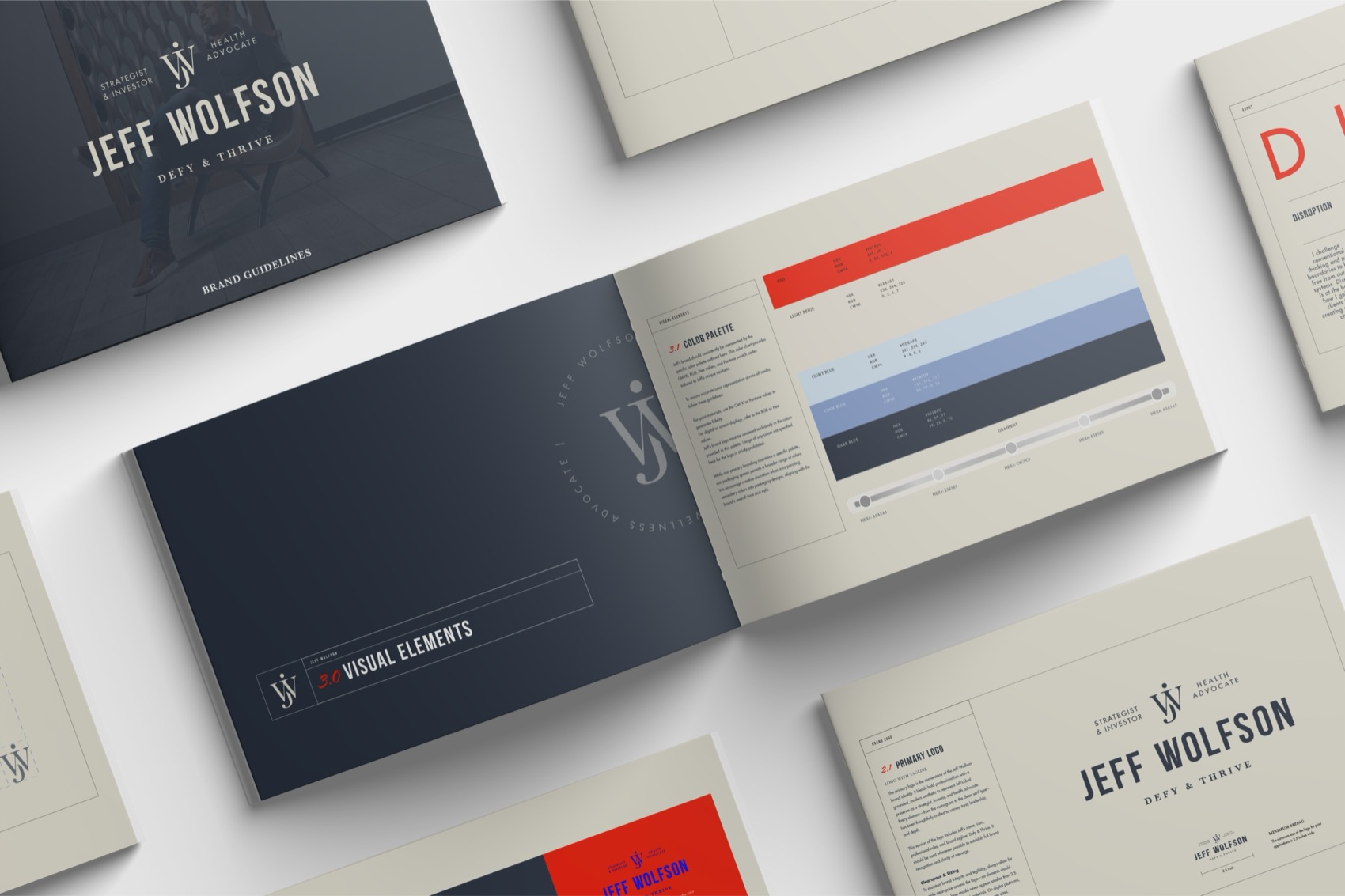 Jeff Wolfson brand guidelines pages in navy, cream and red