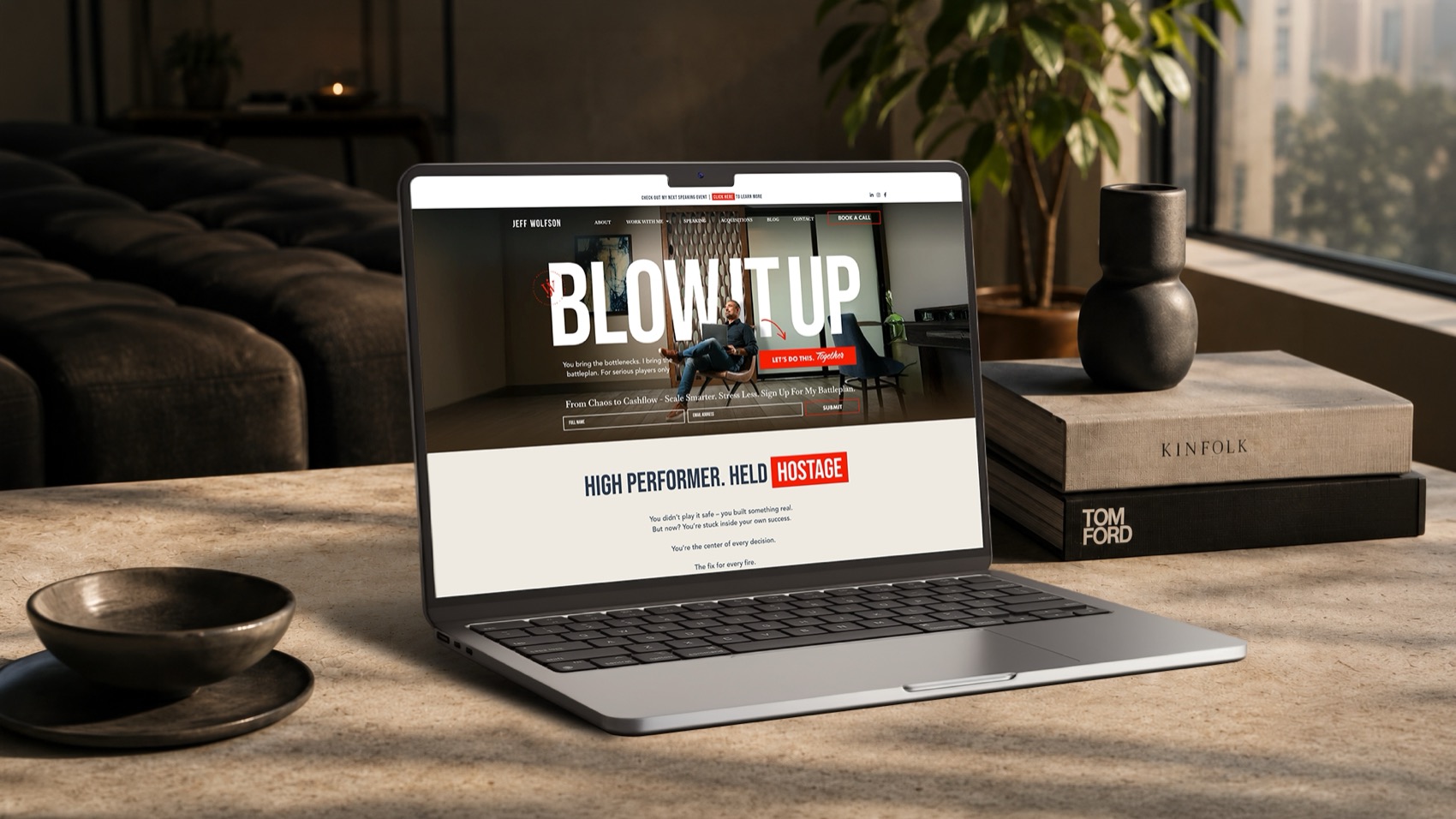 Jeff Wolfson website on a laptop with the headline Blow It Up