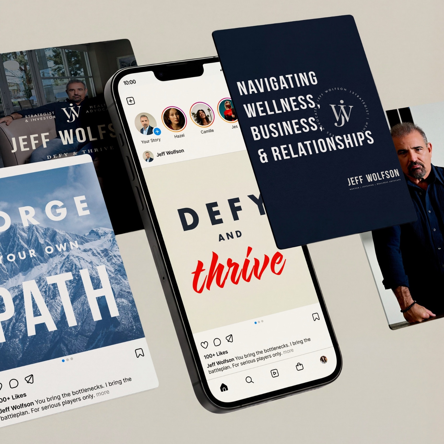 Jeff Wolfson social posts and a phone showing Defy and Thrive