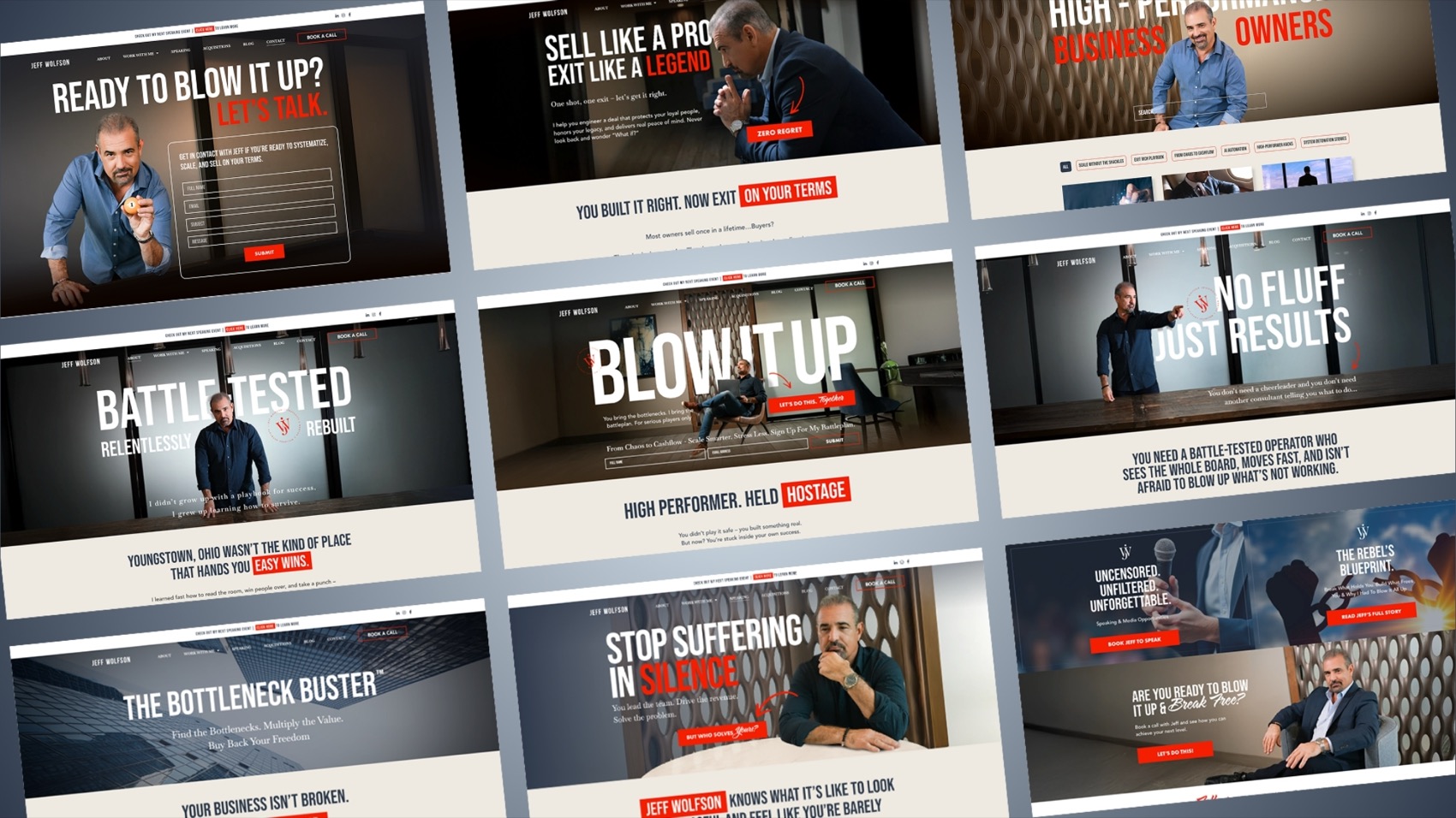 Jeff Wolfson website pages: Blow It Up, Battle Tested, No Fluff Just Results