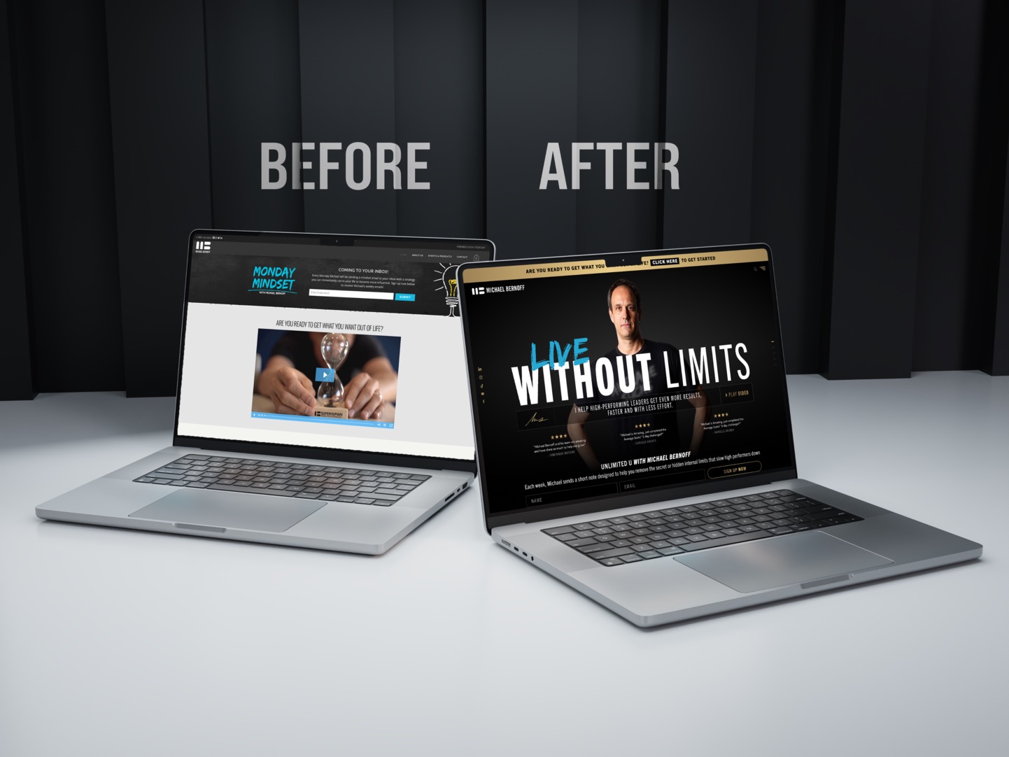 Before and after: Michael Bernoff’s old website beside the new Live Without Limits site