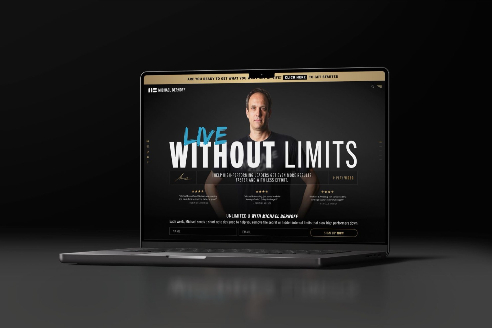 Michael Bernoff website on a laptop with the headline Live Without Limits