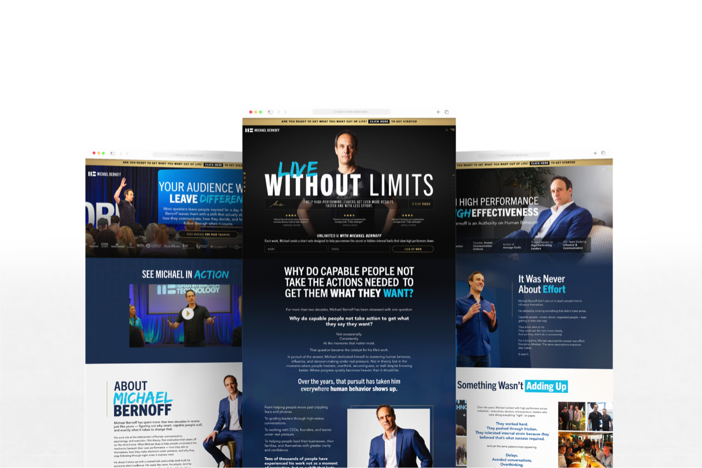 Three Michael Bernoff website pages side by side