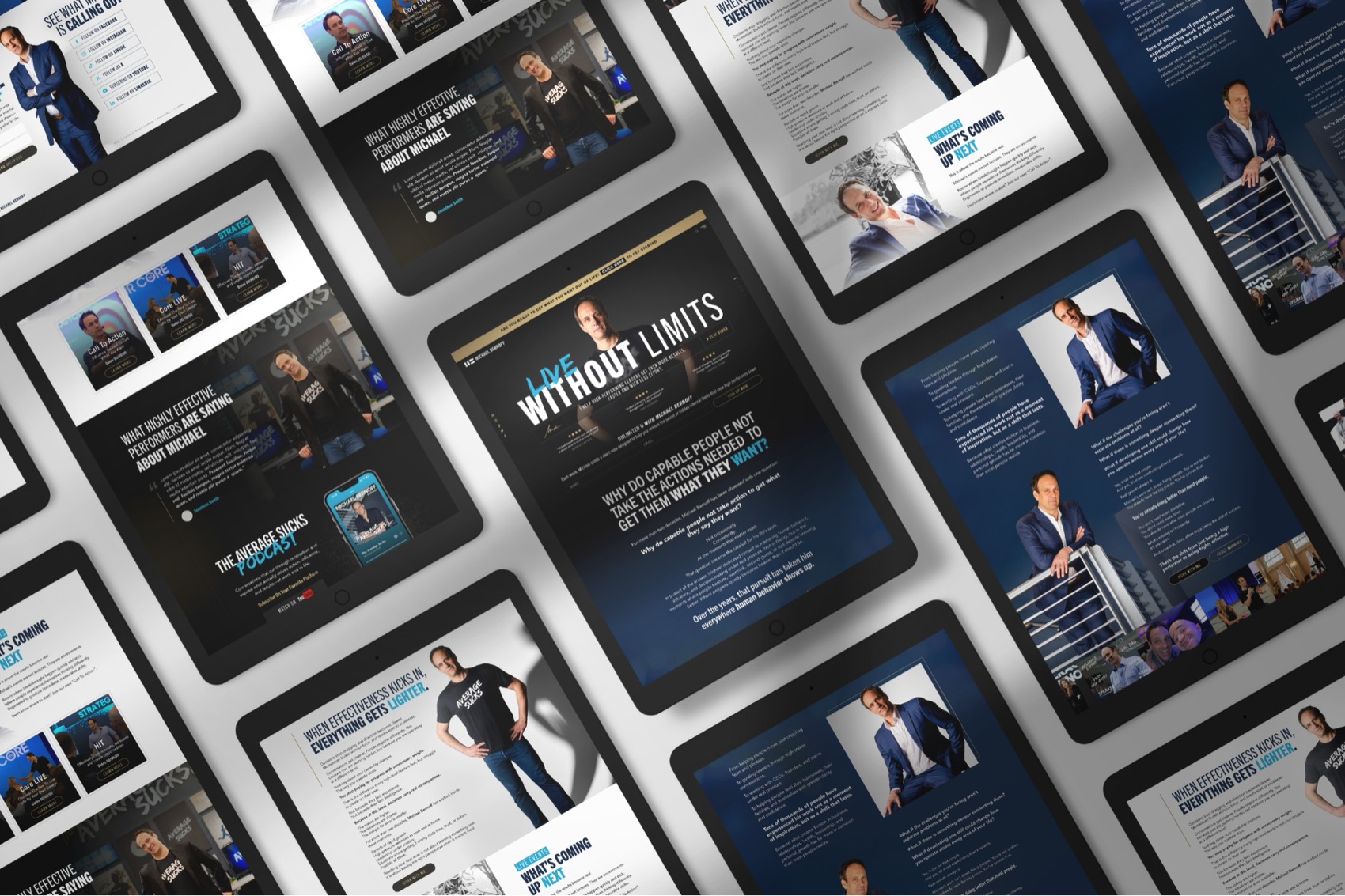 Michael Bernoff website pages on rows of tablets