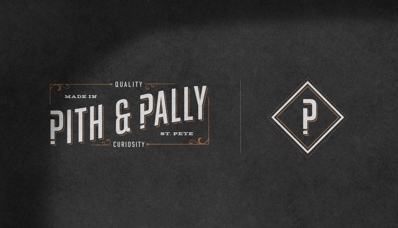 Pith & Pally framed wordmark reading Quality and Curiosity, beside the diamond P monogram