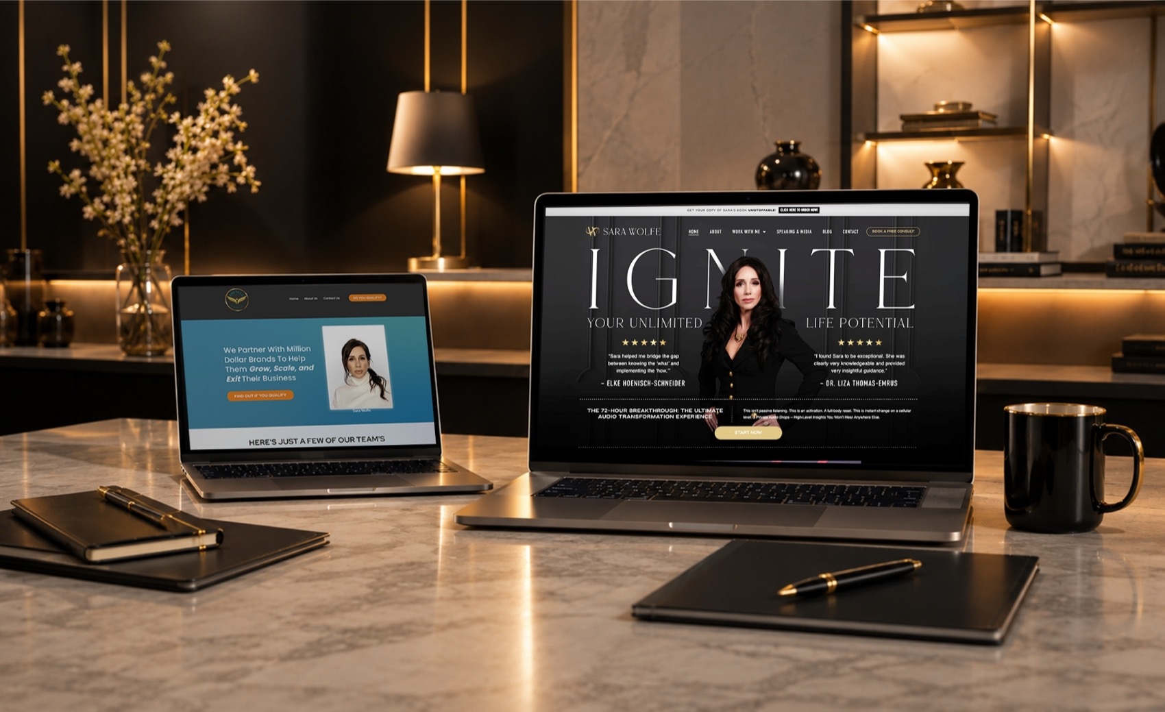 Before and after: Sara Wolfe’s old blue website on the small laptop beside the new black and gold Ignite website