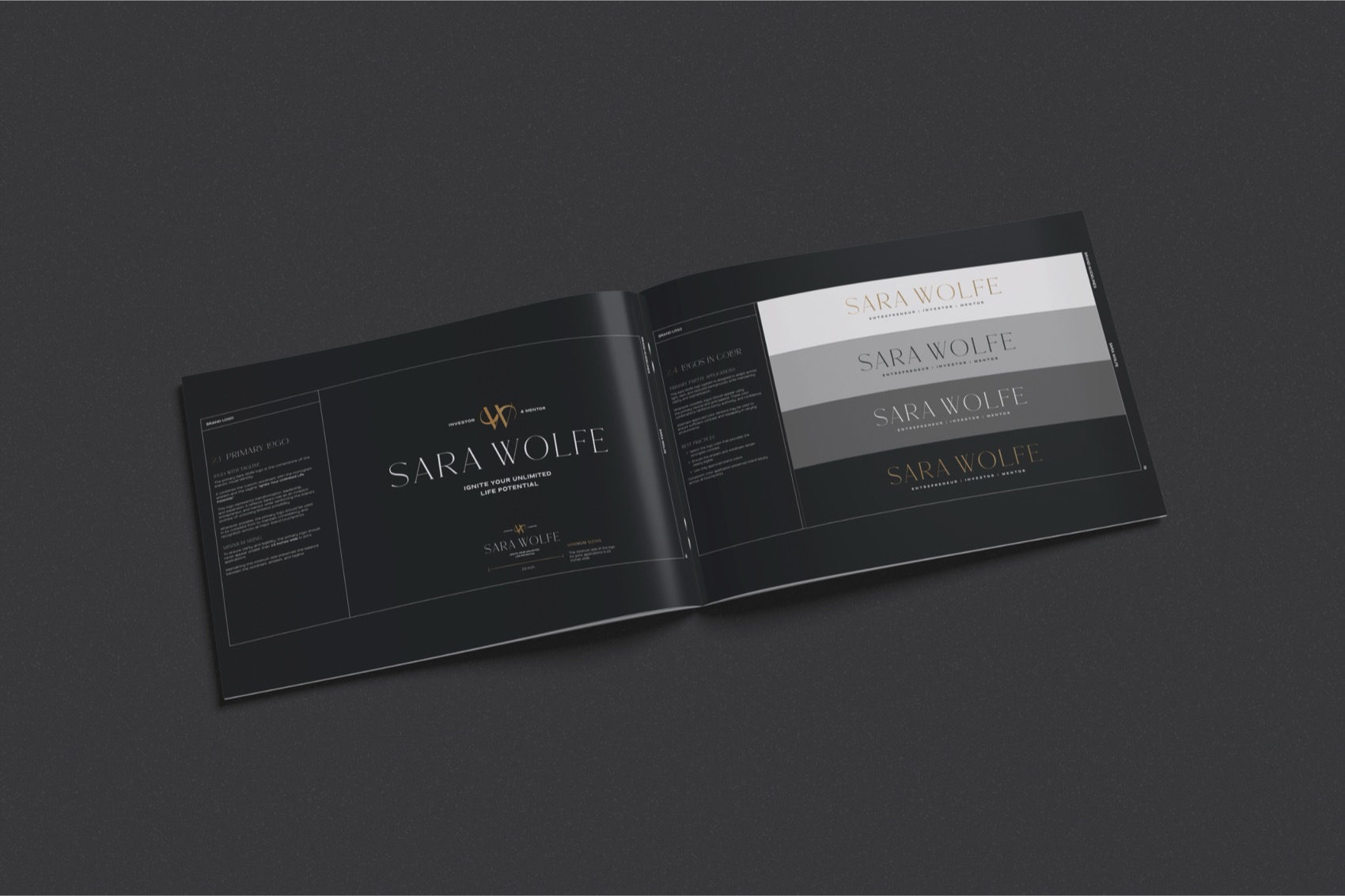 Sara Wolfe brand guidelines book on a dark surface