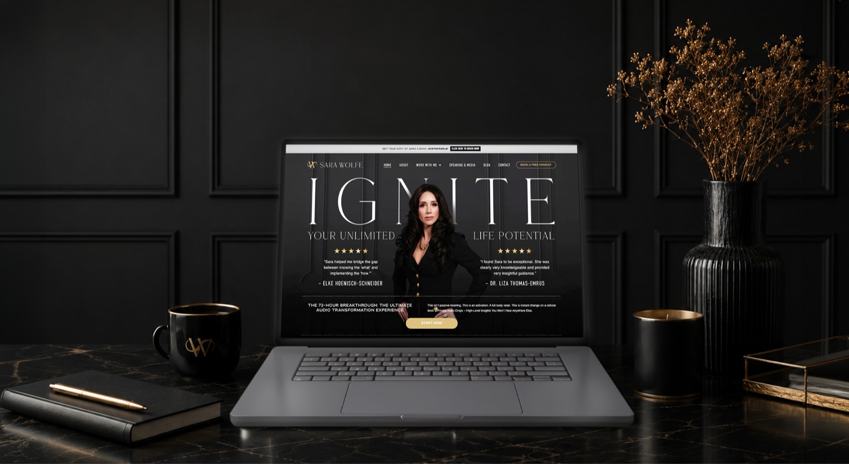 Sara Wolfe website on a laptop with the headline Ignite