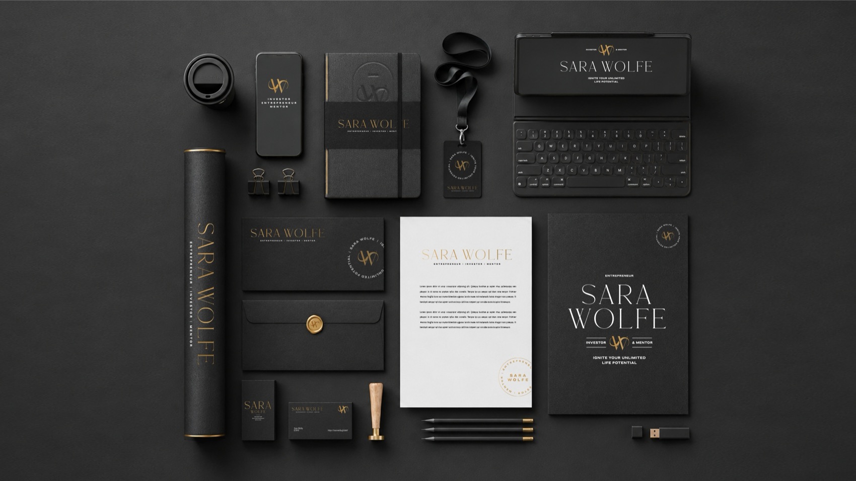 Sara Wolfe stationery in black with gold details