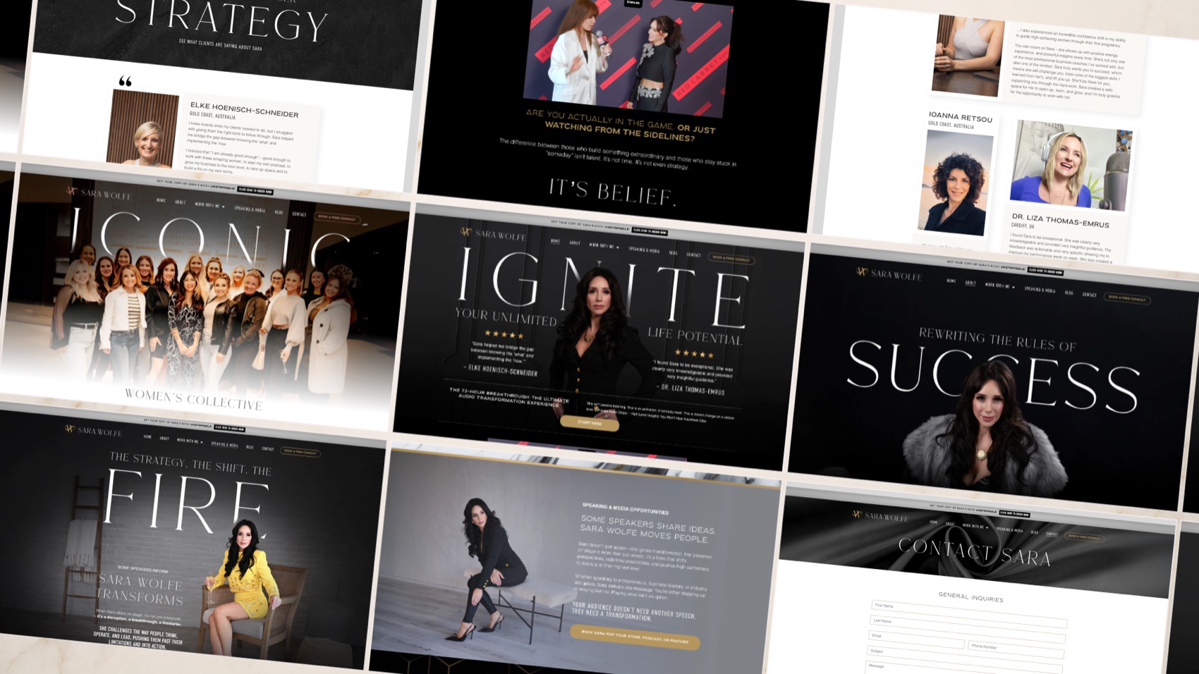 Sara Wolfe website pages: Strategy, Ignite, Success, Fire