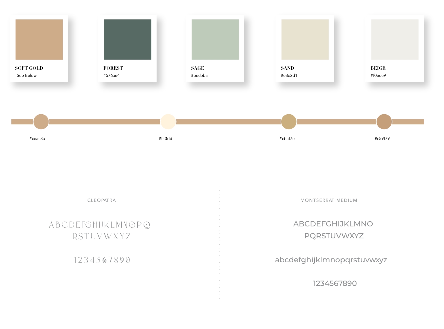 Swish Aesthetics palette of soft gold, forest, sage, sand and beige, with Cleopatra and Montserrat typefaces