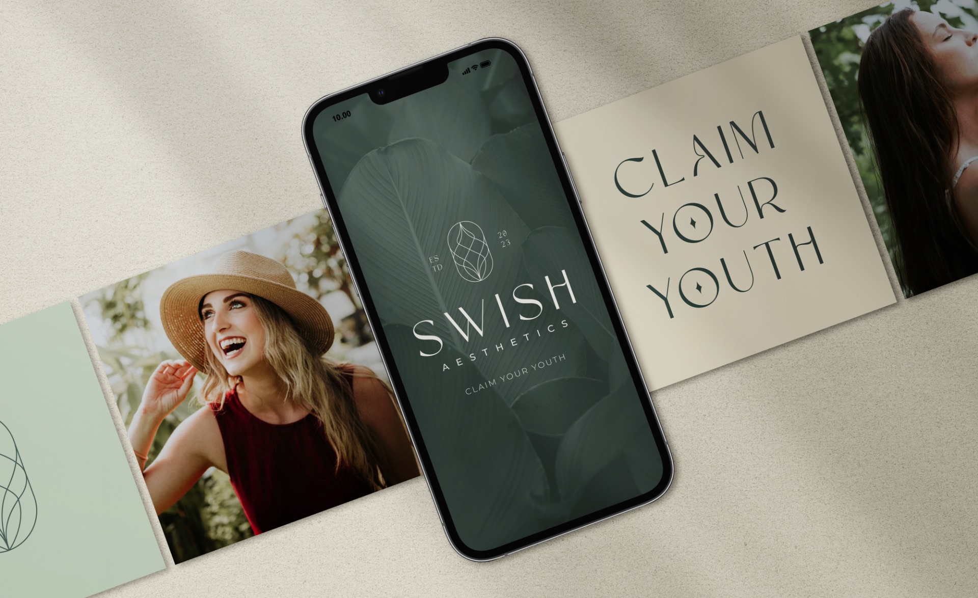 Phone showing the Swish Aesthetics logo on a leaf background, beside social posts reading Claim Your Youth