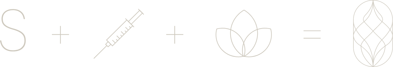 Logo construction: the letter S, plus a syringe, plus a lotus, equals the Swish mark