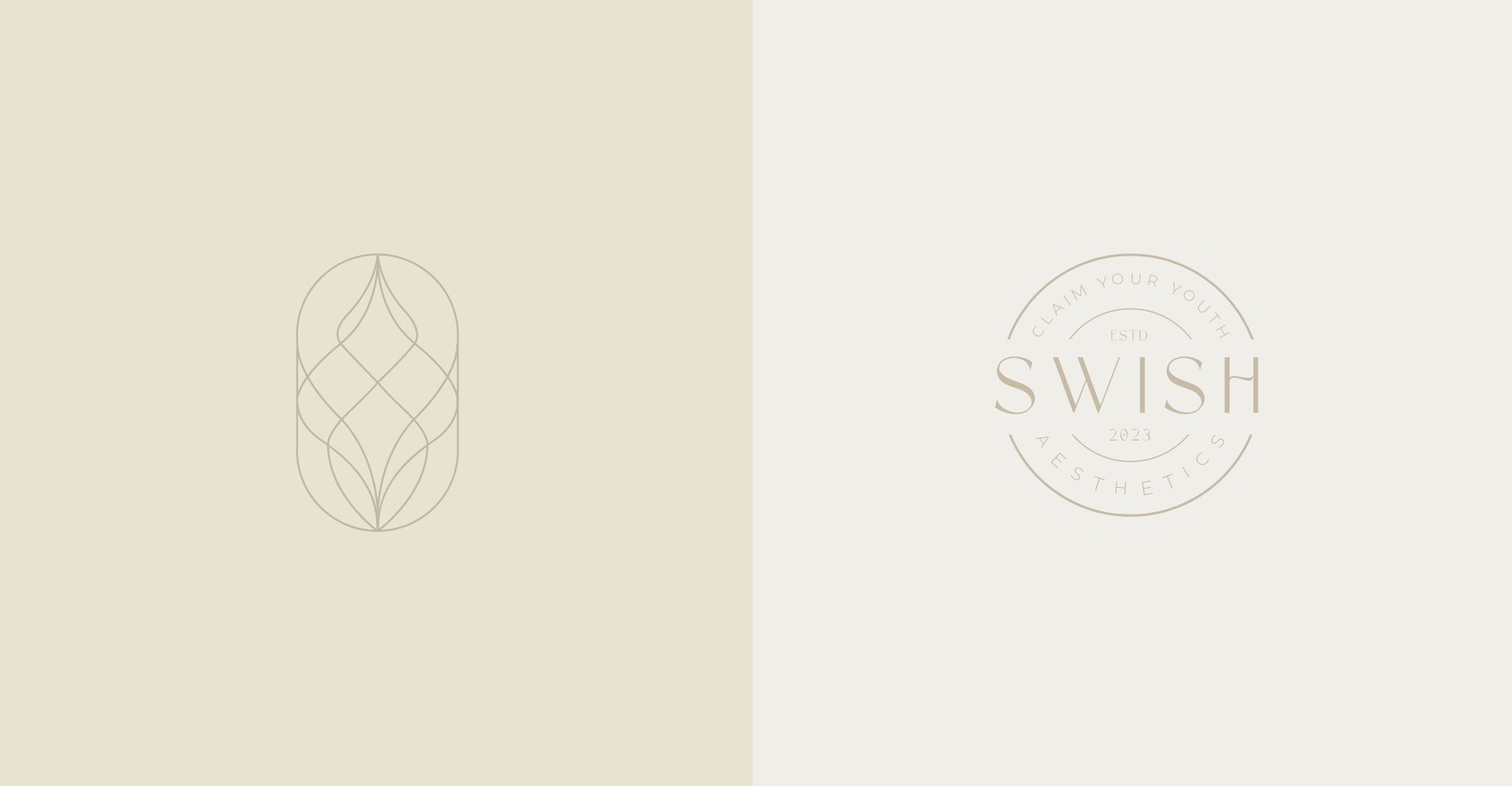 Swish monogram and circular Swish Aesthetics seal on sand and beige