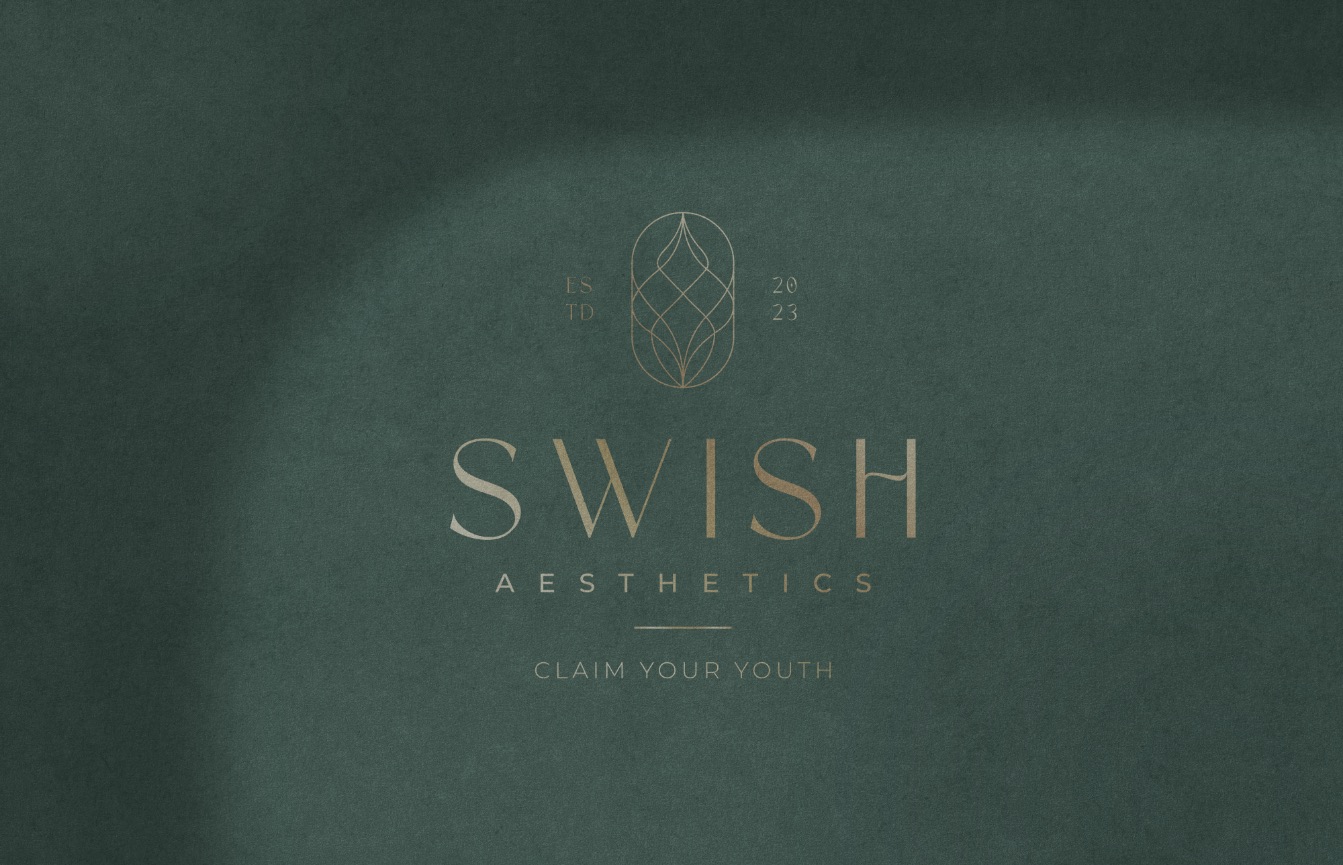 Swish Aesthetics primary logo in gold on forest green with the tagline Claim Your Youth