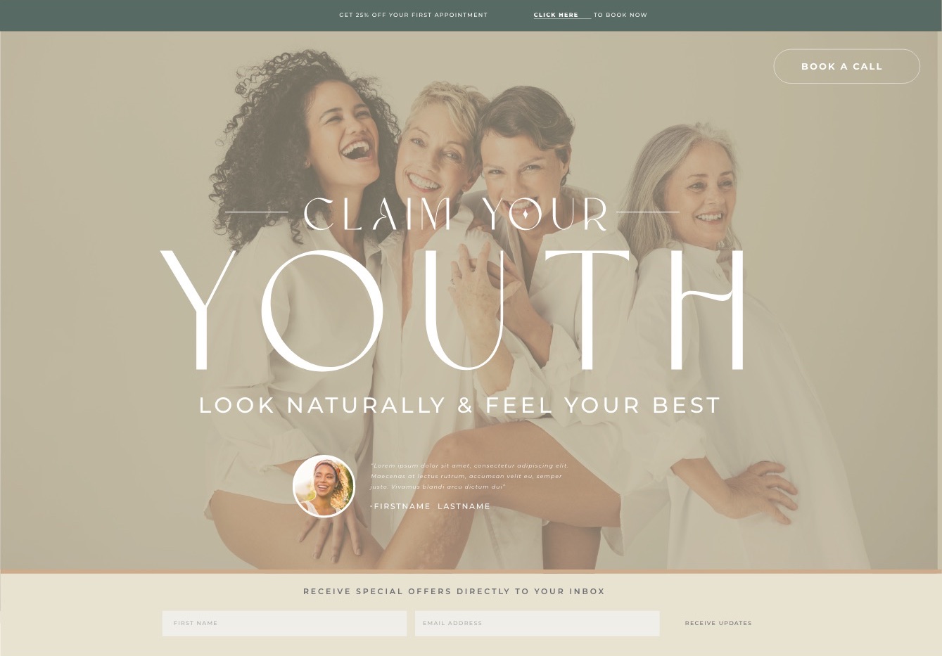 Swish Aesthetics homepage with four laughing women and the headline Claim Your Youth