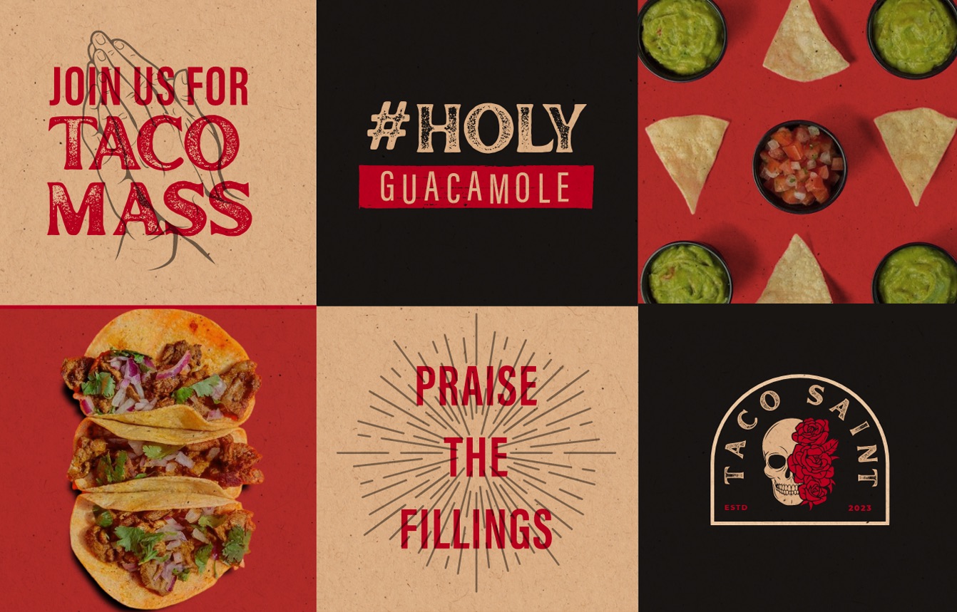 Taco Saint social posts: Join us for Taco Mass, #Holy Guacamole, Praise the Fillings