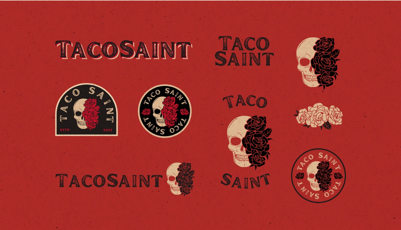 Taco Saint logo system: wordmarks, stacked lockups, skull mark and badge marks