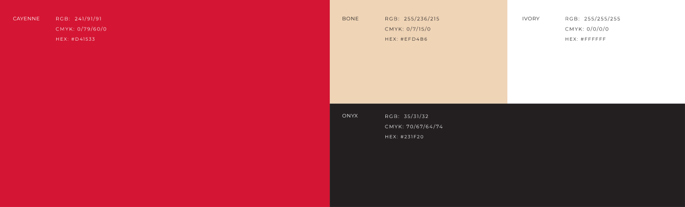 Taco Saint color palette: Cayenne, Bone, Ivory and Onyx