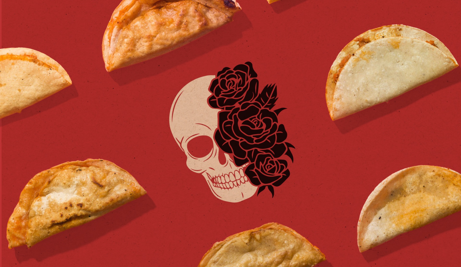 Tacos arranged on a red background around the Taco Saint skull mark