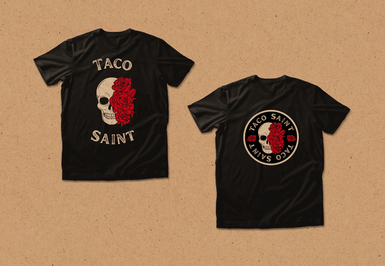 Two black Taco Saint t-shirts with the skull-and-roses mark