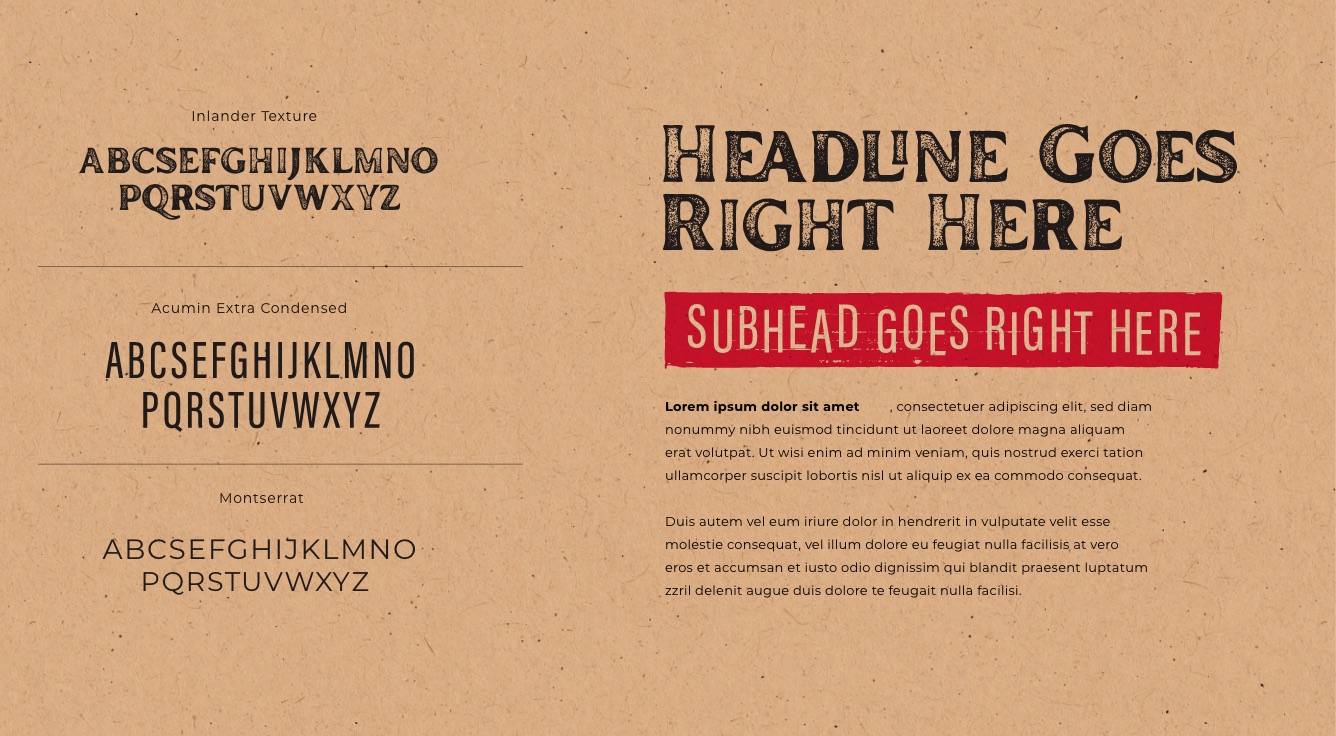 Taco Saint typography: Inlander Texture, Acumin Extra Condensed and Montserrat