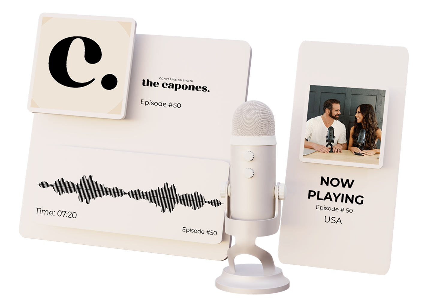 Podcast graphics with the c. mark, a microphone and a Now Playing card