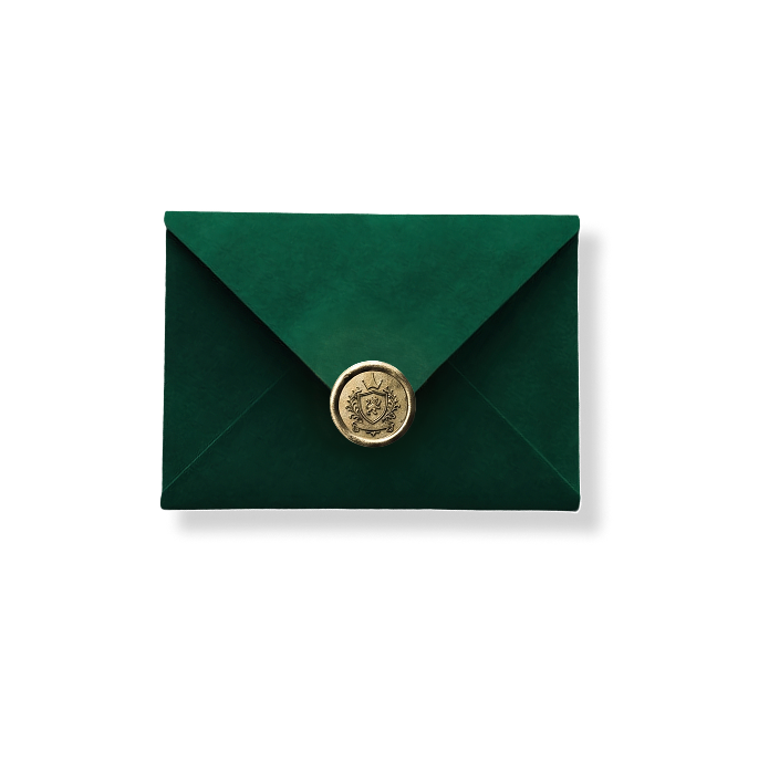 Emerald envelope closed with a gold wax seal of the crest